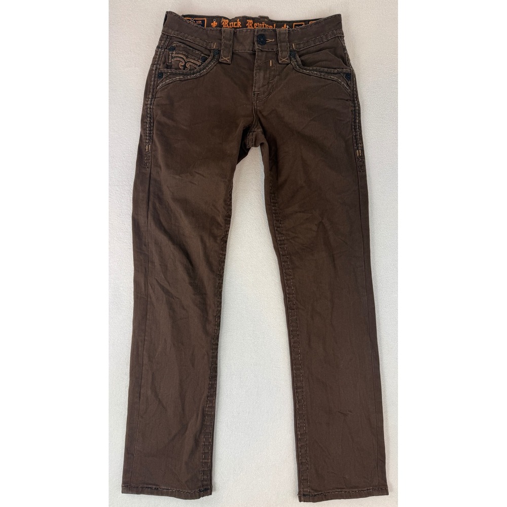 Rock Revival Zinfandel Slim Straight Jeans Mens 29 Brown Embroidered Pockets